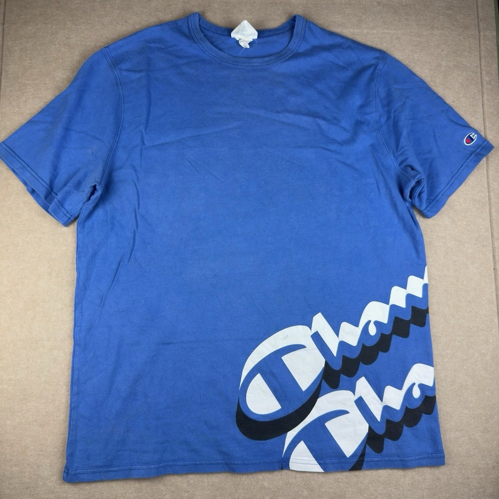 Champion XL Blue Graphic Logo T-Shirt Men's Big Script Print Streetwear Tee
